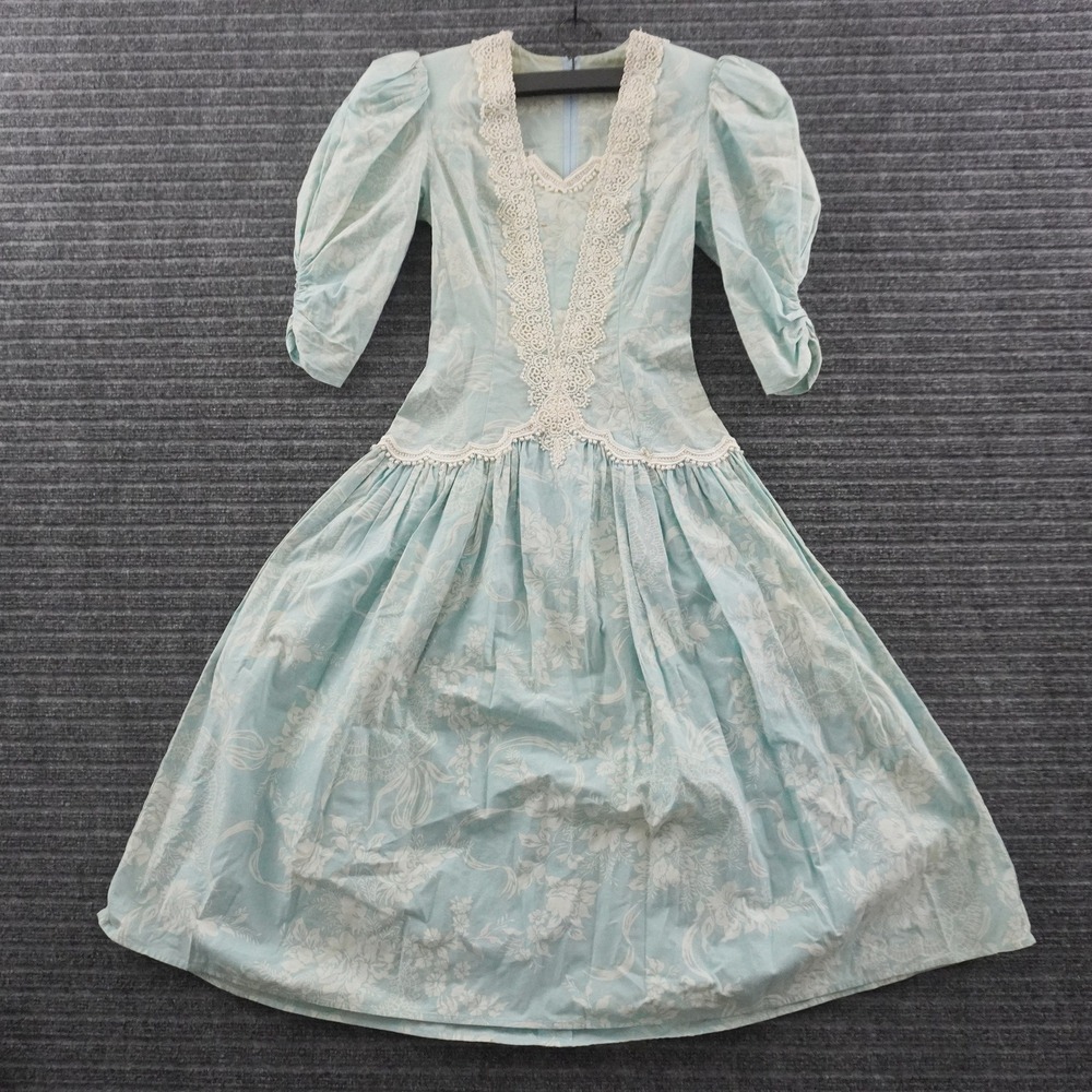 Vintage Jessica McClintock Gunne Sax Dress Women Size 3 Blue Lace Trim Floral